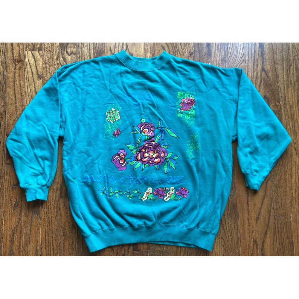 Vintage 90s Floral Pullover Sweatshirt Womens Size Large Turquoise Pasta Grandma